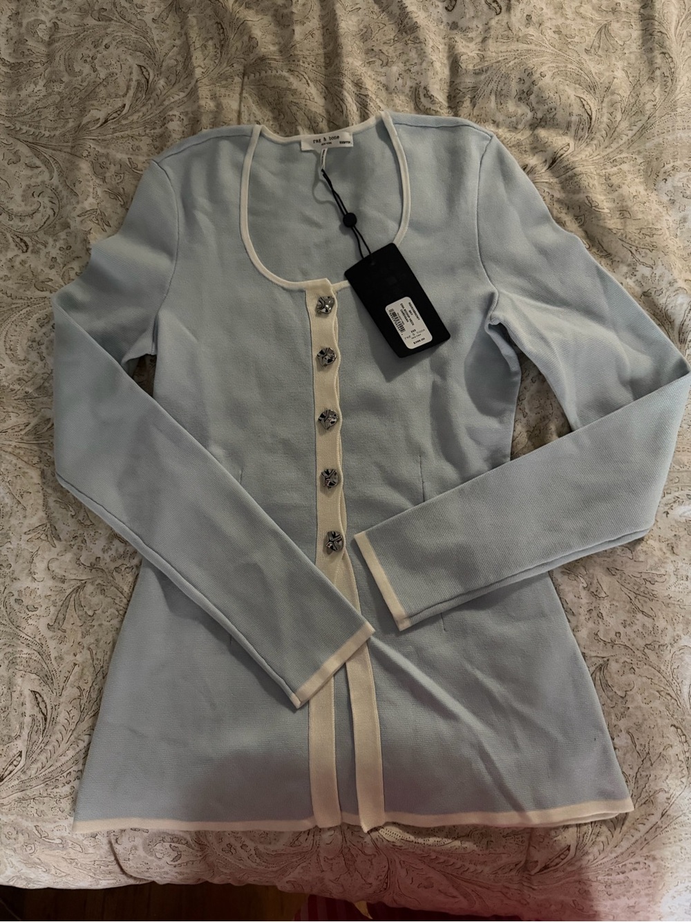 rag & bone Light Blue Long-Sleeve Button Cardigan with Cream Trim ($400)